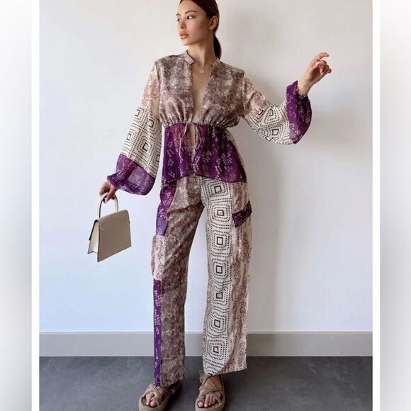 NWT ZARA PATCHWORK TOP BLOUSE & PANTS  CO-ORD SET SIZE M ( blouse is M/L ) - Picture 1 of 12